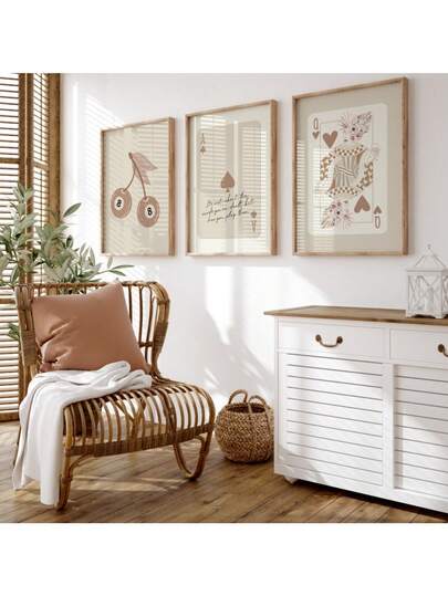 Set de 3 obras de arte de pared retro: Cartel del As de Picas en beige, impresión digital de la Reina de Corazones y obra de arte del Billar 8 y Cereza. Juego de decoración de pared, regalo de vacaciones y cumpleaños, decoración de oficina. Opcional con marco de lienzo.