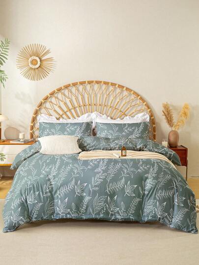3件套叶子花卉图案被套套装（1个被套和2个枕套），柔软亲肤，适合所有季节，是家居和卧室装饰的理想之选。