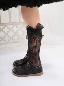 2 Cặp tất lưới Jacquard ren nơ trái tim dễ thương cho bé gái/trẻ mới biết đi, thích hợp cho bé gái vào mùa hè - màu đen - Xem 6