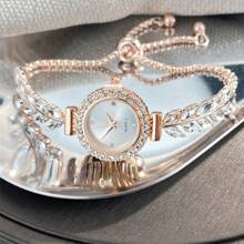 1pc Women's Bling Rhinestone Wheat Ears Alloy Watch Band, Alloy Round Case With Crystal Sunburst Dial, Classic Fashionable Sparkling Quartz Watch