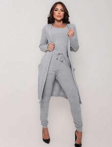 Woolen Cold Weather Set - 3 Piece Set Long Cardigan + Tank Top + Jogger Pants With Adjustable Waistband And Pockets - Xám - Xem 4