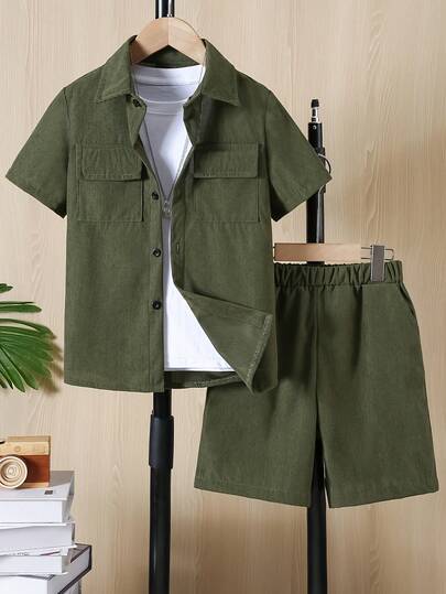Boys' Shirt Set, Corduroy Short Sleeve Utility Pocket Shirt With Cargo Shorts, Casual Outfit For 8-15 Years Old