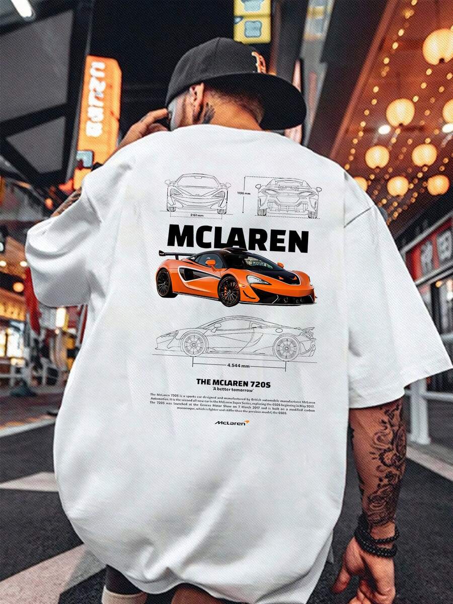 100% Cotton Men's White Short Sleeve Graphic Tees In Sporty Casual Style With "McLaren" And McLaren 720S Car Technical Print Perfect For Summer Beach Vacations Ideal As HalloweenThanksgivingMother's DayChristmas Gifts - màu đen - Xem 1