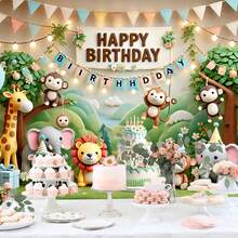 Jungle Animal Happy Birthday Theme Background, Suitable For Birthday Party Banner Decor, Photography Backdrop, No Electricity Needed - 杏色 - 查看 3