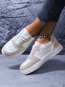 Baskets décontractées à motif de losanges pour femmes, chaussures de fête confortables de style preppy en couleur unie, mignon, chaussures de sport décontractées en PU à lacets pour le travail, les trajets, les vacances, toutes les saisons
