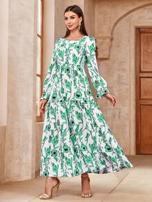 Vestido largo de mujer de manga larga con estampado floral azul elegante, con volantes en los puños, vestido tipo A, modesto, tipo abaya, tipo kaftán, tipo jalab, vestido árabe de verano - Verde - Ver 5