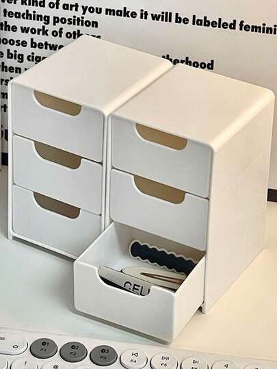 1pc Solid Color Three-Layer Drawer Storage Box, Simple And Highly Attractive Multifunctional Drawer Box, Seasonal Mini Desktop Storage Box, Office Organizer Artifact Jewelry, Cosmetics And Hair Accessories Storage Box, Dormitory And Household Dust-Proof Classification Box