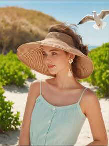 1 Peça Chapéu de Praia Elegante de Palha Boêmio Bege para Mulheres - Chapéu de Praia Dobrável com Detalhe de Laço, Proteção Solar, Ajuste Regulável para o Dia das Mães, Passeios Casuais e Férias | Textura Trançada em Bege, Cáqui, Preto (Fácil Armazenamento)