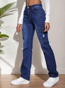 Jeans de Talle Alto en Azul - Estilo Bootcut con Bolsillos de Combate