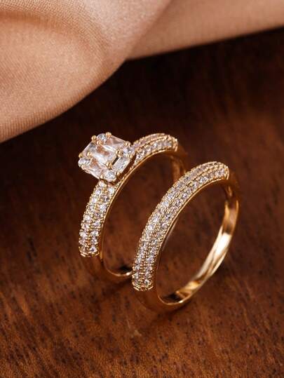 2pcs Fashionable Elegant Micro-Inlaid Zirconia Gold Rings