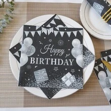 Servilletas de papel negro y plateado, 33 x 33 cm, servilletas de cóctel para fiestas y cumpleaños
