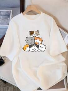 Women Short Sleeve Crew Neck Cat Print Loose Casual T-Shirt Top, White, Summer