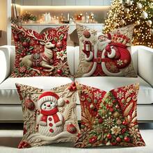 4 fundas de almohada planas 2D de Navidad (bordado no realista) - Diseños de Papá Noel, muñeco de nieve, reno y duende con impresiones de "¡Feliz!", "¡Nieve!", "¡Alegría!" y "¡Ho Ho Ho!" Perfectas para la decoración del sofá de la sala de estar, accesorios festivos del hogar, regalos de Navidad