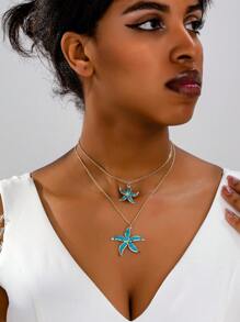 Colar com pingente de estrela do mar esmaltado, estilo oceano, 2 peças, moda verão, joias femininas, adequado para férias na praia e presente de aniversário, uso diário