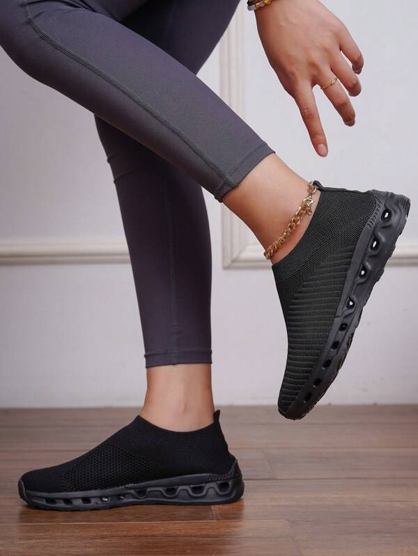 Women's Black Anti-Slip Thick Sole Durable Sports Shoes, Fashion Casual Breathable Sneakers