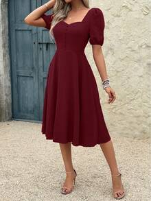 Retro Elegant Solid Color Waist Fitted Short Sleeve Dress - Burgundy - View 6