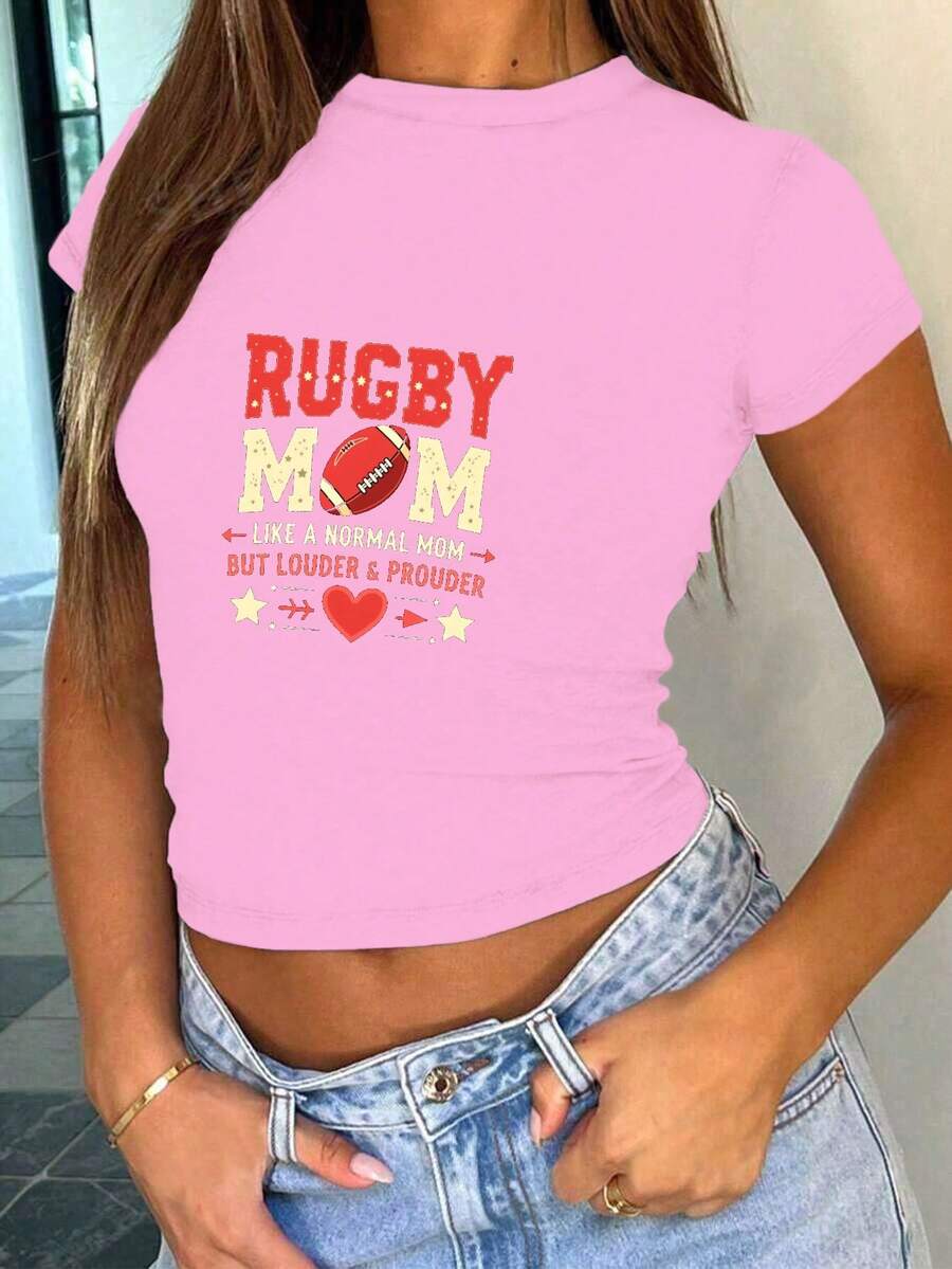 RUGBY MOM Women's Fashion Short T-Shirt - Pink - View 1