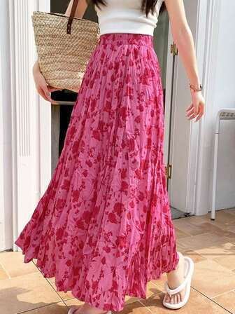 Women's New Rose Flower Elegant Pleated A-Line Skirt, French Vintage Design, Slimming, Suitable For Travel, Date, Commute, Birthday Party, Ladylike Skirt