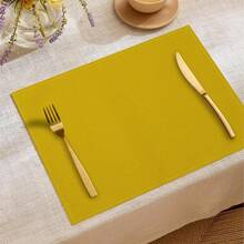 1 pièce/4 pièces/6 pièces Sets de table décoratifs pour tous les jours, sets de table en lin avec lettres, diamants et rayures jaunes, résistants à la saleté, convient pour la maison, la salle à manger et les restaurants, décoration de table, articles ménagers