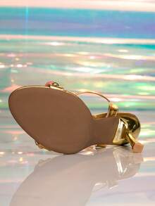 Women's New Bronze Round Toe High Heel Sandals, Faux Pearl Decor Elegant Strap Formal Occasion Party Shoes - Gold - View 6