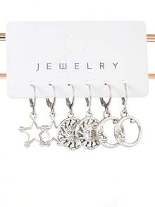 3 对空心星星、太阳、月亮形状金属情侣耳环，适合女性日常佩戴 - 銀色 - 查看 6