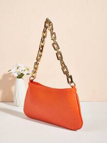 Bright Color Snake Skin Acrylic Gold Chain Decor Shoulder Underarm Baguette Bag - Orange - View 5