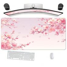 Extra Large Cherry Blossom & Pink Background Gaming Mouse Pad With Rubber Base, Stitched Edges , Smooth Surface Oriental Cherry Desk Mat For Home Office , Ideal Gift For Girlfriend