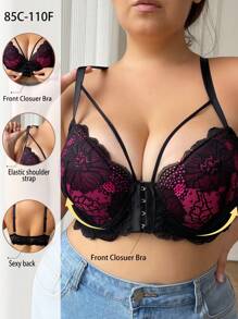 Sujetador de lencería con cierre delantero y combinación de encaje para mujer de talla grande, suave y cómodo con soporte de aros