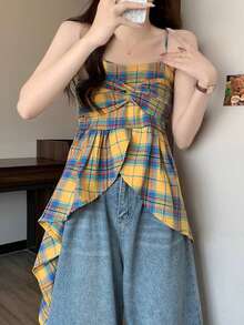 复古格纹吊带背心，多巴胺氛围，甜辣不对称短款上衣，夏季
