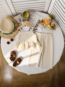 Baby Girl Elegant Crochet Panel Apricot Color Camisole Top And Pants Set, Casual Vacation Summer New Arrival