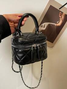 1 件女士迷你斜挎包，钻石绗缝 PU 皮革，时尚链条单肩包，口袋和零钱包，适合女孩，春夏季 - 黑色 - 查看 2