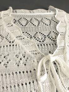 女士镂空长袖系带针织开衫，轻盈透视沙滩罩衫，春夏 - 白色 - 查看 6