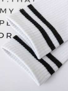 3 Pairs Women's Striped Pattern Mid-Calf Socks, White Long Socks For School
