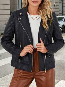 Giolshon Women's Street Wear Fall/Winter Faux Leather Cropped Biker Jacket - Asymmetric Zip, Stand Collar For Edgy Cold-Weather Layering