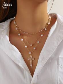 Hihho 3 件套个性化欧式十字架吊坠多层可调节项链，适合女士，镶嵌闪亮锆石，仿珍珠链，适合日常佩戴、送礼和派对 - 金黃色 - 查看 2
