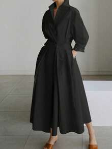 春夏新款纯色通勤时尚V领收腰大摆纽扣 - 黑色 - 查看 1