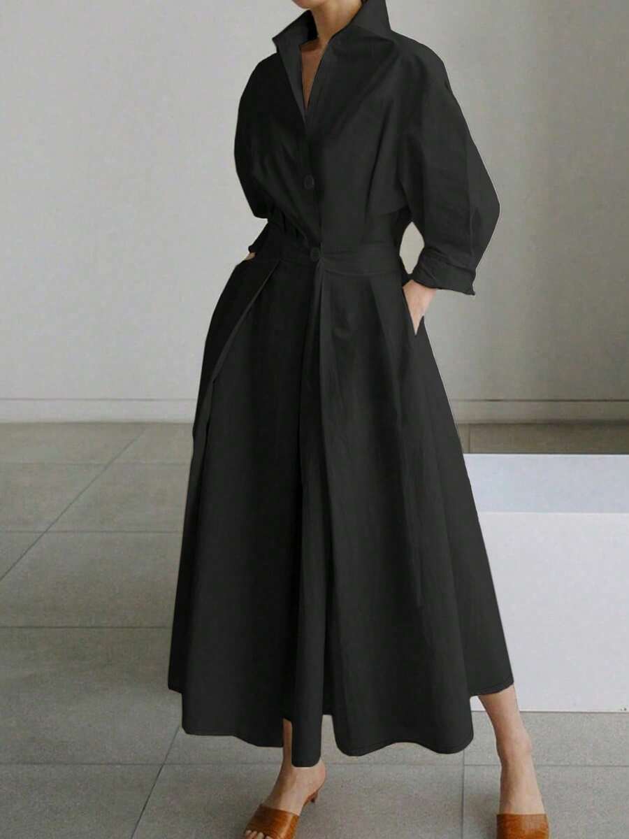 春夏新款纯色通勤时尚V领收腰大摆纽扣 - 黑色 - 查看 1