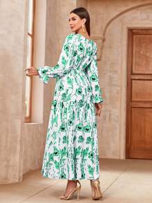 Vestido largo de mujer de manga larga con estampado floral azul elegante, con volantes en los puños, vestido tipo A, modesto, tipo abaya, tipo kaftán, tipo jalab, vestido árabe de verano - Verde - Ver 3