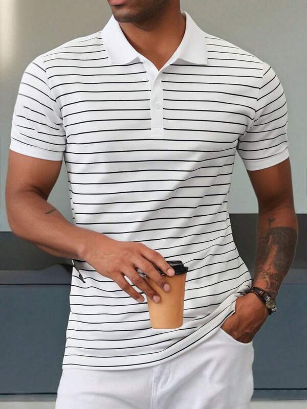 1 Stück Herren Sommer Sport Polo Shirt, Kragen mit Knöpfen gestreift Lässig Kurzarm, atmungsaktiver Stoff, geeignet für Outdoor-Sport, Golf, Urlaubsreisen