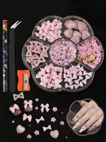 1 caja (7 en 1) de accesorios de arte de uñas + 3 piezas de juego de lápices con pincel de diamantes de imitación, incluye accesorios de arte de uñas en caja con corazones, moños, conjunto mixto de diamantes de imitación, con 1 sacapuntas, 1 pinzas y 1 lápiz de cera autoadhesiva con resina para decoración de uñas DIY, para mujeres y niñas, para salón de belleza en casa.