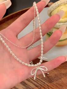 2 pièces Collier de luxe à double couche en cristal avec nœud papillon et perle, collier délicat pour la clavicule, accessoire pour femmes