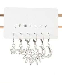 3 对空心星星、太阳、月亮形状金属情侣耳环，适合女性日常佩戴 - 銀色 - 查看 5