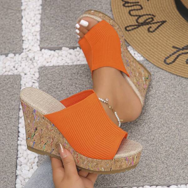 Fashionable Colorful Cork Texture Slip-On Sandals, 4.1" High Platform Thick Sole
