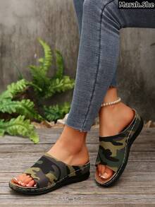 Women Summer Camouflage Platform Wedge Thick Strap Sandals, Tie-Dye Camo Pattern Beach Casual Outdoor Holiday Asymmetric/Asymmetrical, Suitable For Mother's Day, Daily Commute, Beach, Wedding, Party, Office, Home And Outdoor, All Season Slippers - Army Green - View 9
