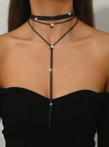 1 set colier la modă cu ciucuri multistrat și cristale negre, colier pentru femei, potrivit pentru Halloween, coadă, purtare