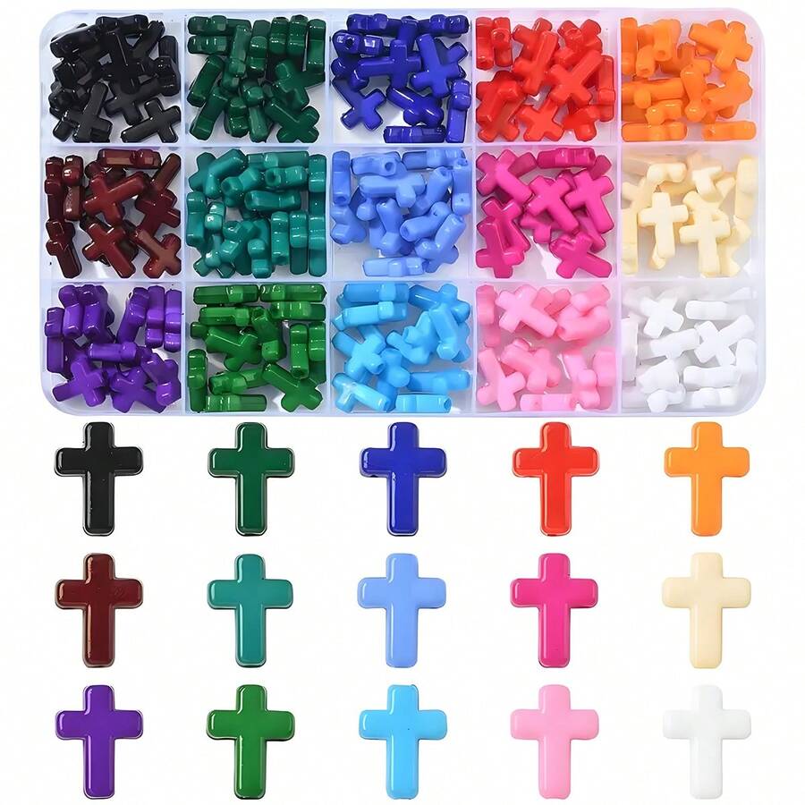 180+Pcs 15 - Color Cross - Shaped Acrylic Beads, Ideal For Jewelry Making, Handicrafts & DIY Projects - Multicolor - View 1