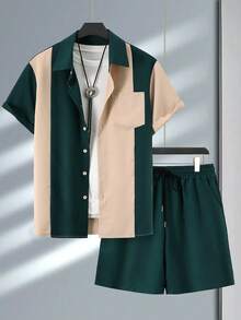 Męska koszula jednorzędowa z krótkim rękawem i ściągaczem na wiosnę/lato, z krótkim rękawem i krótkimi spodenkami, swobodny, regularny zestaw - Zielony - Zobacz 3