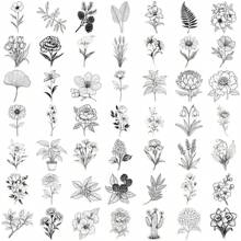 50PCS Black And White Plants Stickers Vinyl Aesthetics Stickers Scrapbooking, Diary, Bumper, Skateboard, Water Bottle, Cartoon, Hard Hat, Car Stickers And Decals