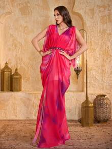 SUPGIR [Random Cut]Front And Back V-Neck Asymmetrical Sleeve Multi-Color Chiffon Evening Dress - Hot Pink - View 6