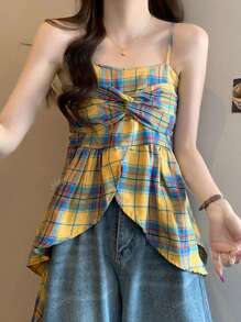 Retro Checkered Camisole, Dopamine Vibes, Sweet & Spicy Asymmetrical Crop Top, Summer
